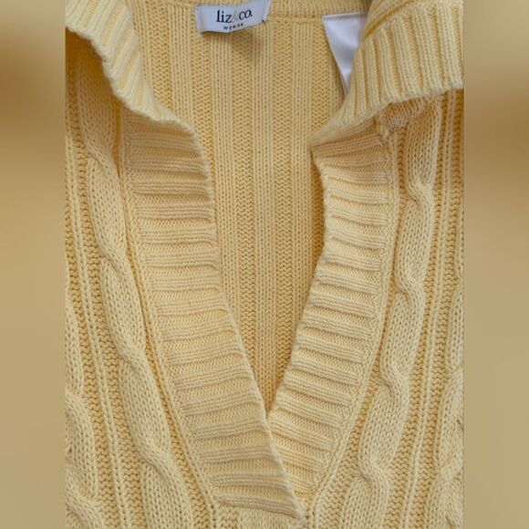 Liz & Co Yellow Cable Knit Sweater 2X 100% Cotton Collared V-Neck Preppy Coastal - Picture 5 of 8